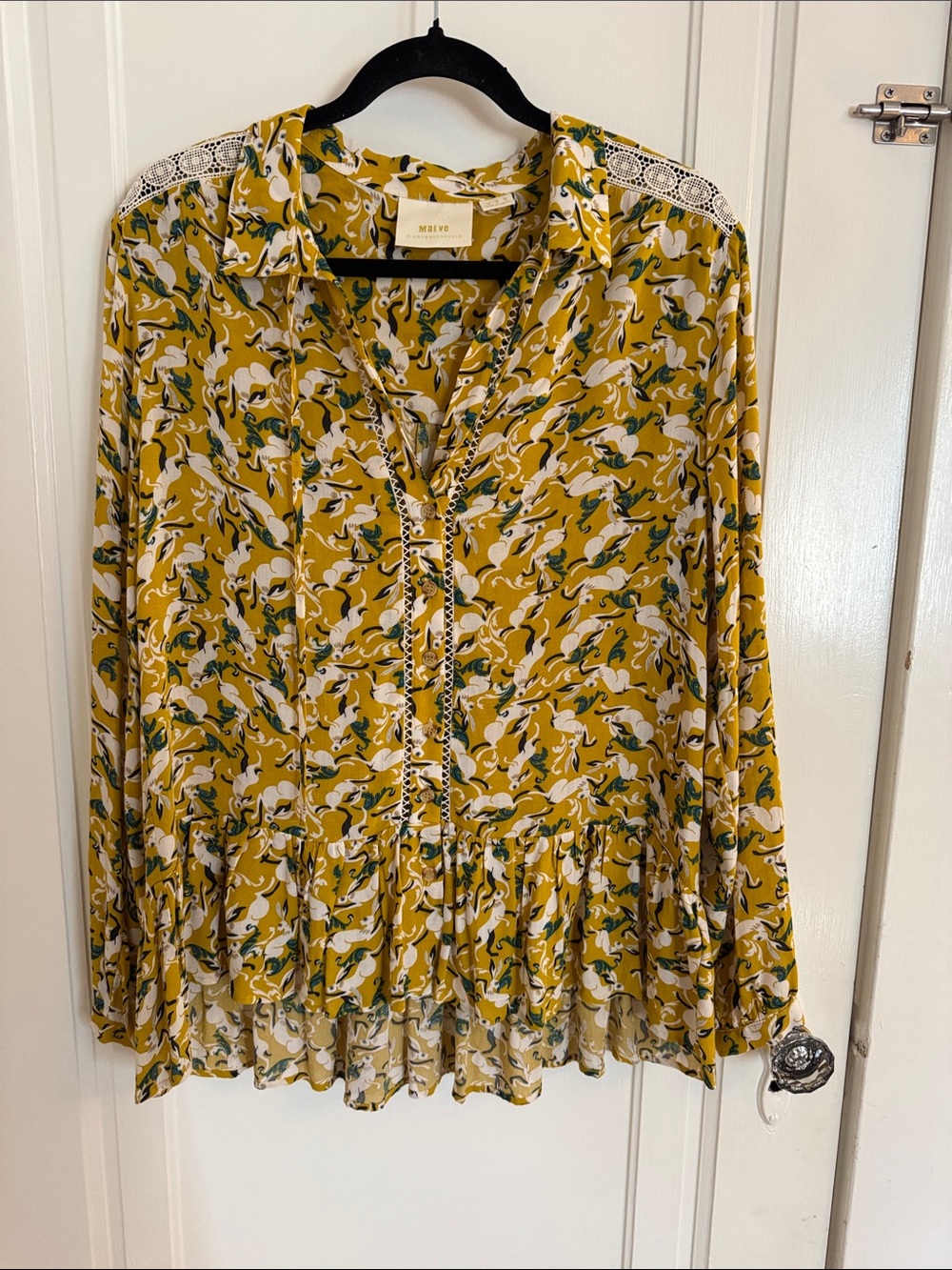 Maeve Anthropologie Mustard Rabbit Print Ruffled Button & Lace Blouse